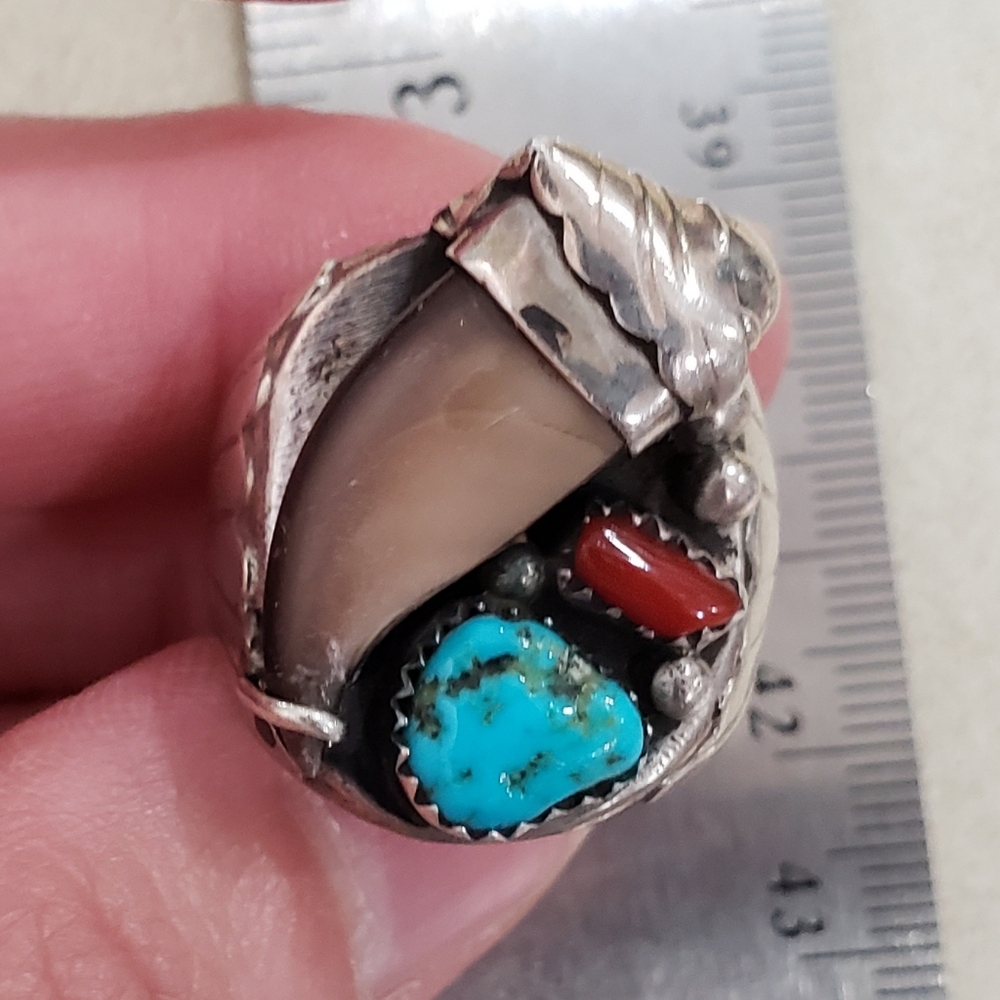 💢SOLD💢 Native American Silver Turquoise, Coral, Claw Ring